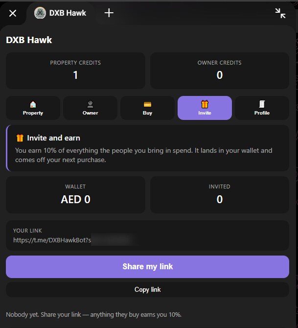 The Invite tab in the app showing a wallet balance and a personal invite link