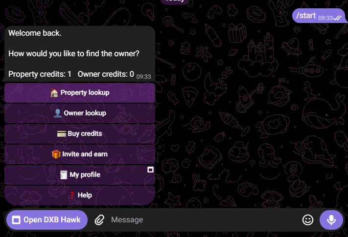 The DXB Hawk bot in Telegram showing its main menu